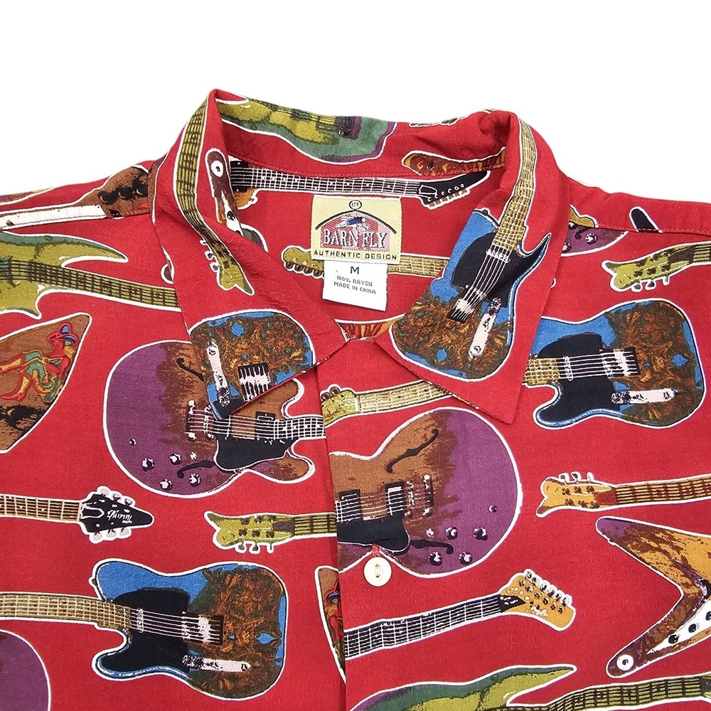 Barn Fly Shirt Men's Medium Red Guitar All Over Print Rayon Distressed Faded VTG